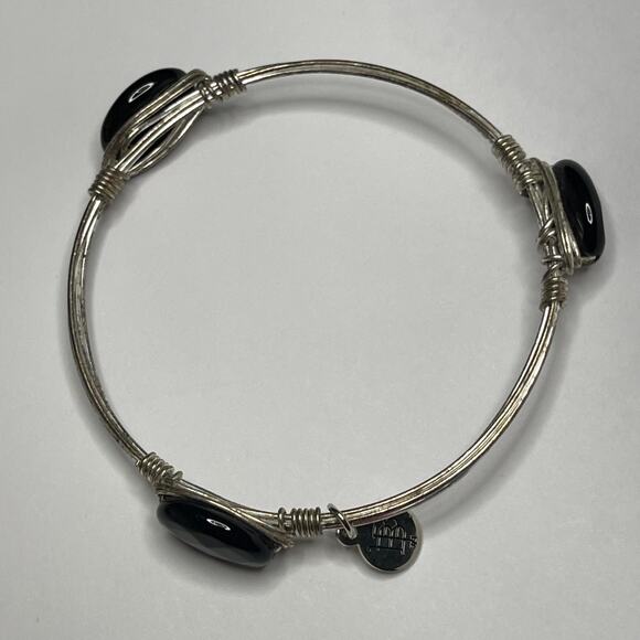 BOURBON & BOWETIES silver tone faceted black bracelet bangle jewelry wire wrap - Picture 4 of 11
